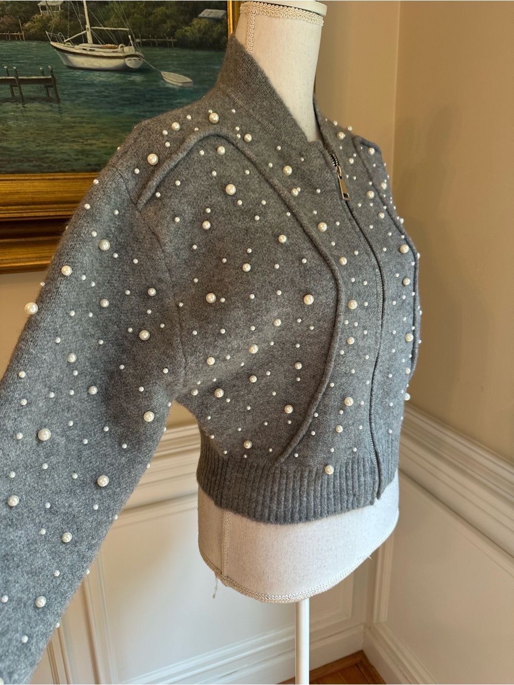ZARA Gray Pearl Embellished Zip Cardigan Sweater Jacket